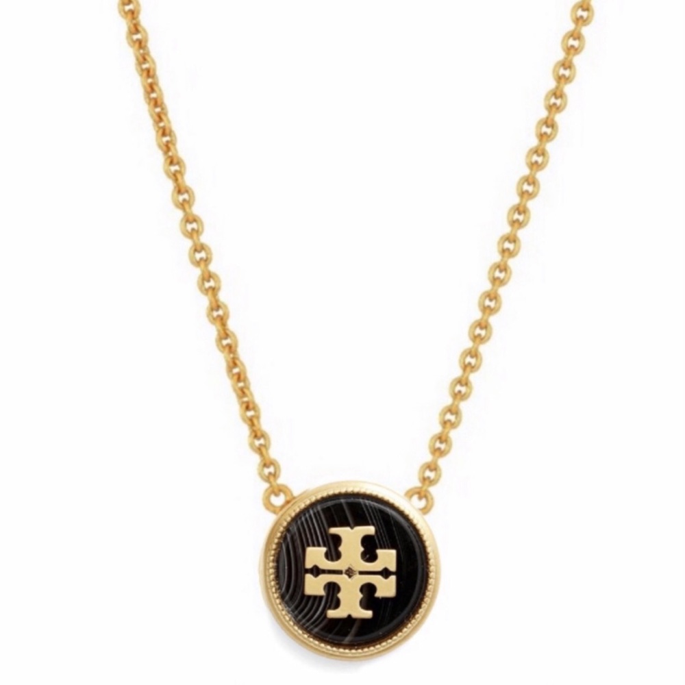 TORY BURCH • Black Semiprecious Stone Logo Necklace